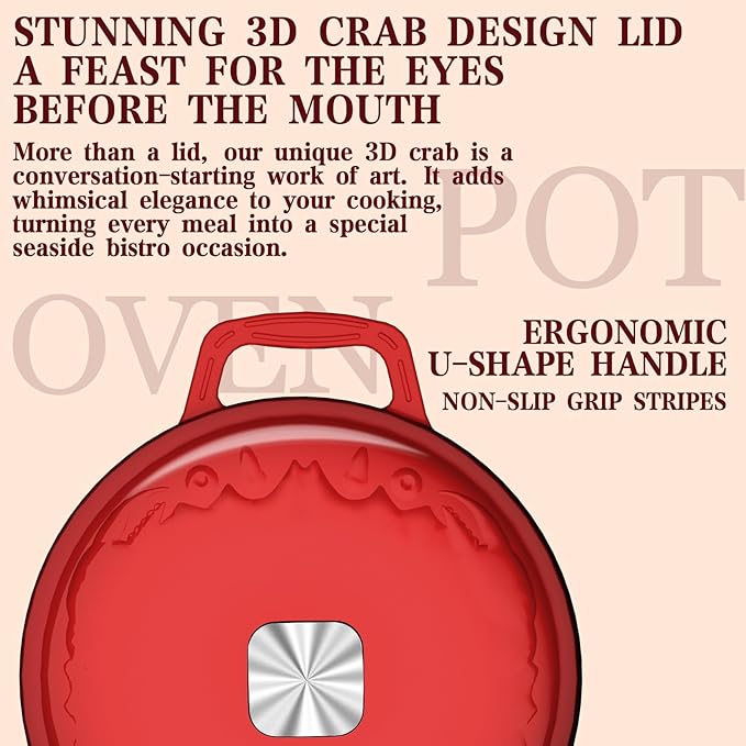 Enameled Cast Iron Dutch Oven - 5 Quart, Exclusive Designed Crab Lid, Oversized Knob, for Bread Baking Braiser Cooking - Red - Image 2