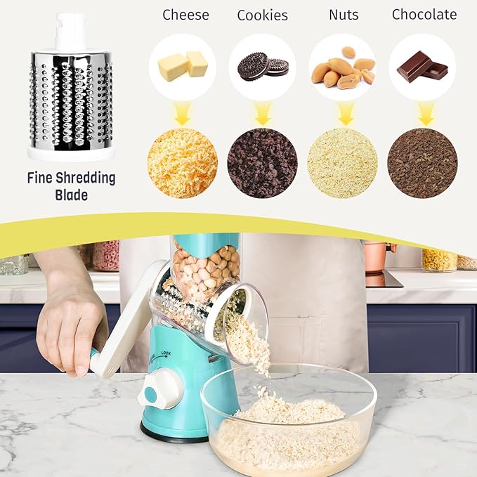 X Home Rotary Cheese Grater for Kitchen, Shredder with 3 Interchangeable Blades, Rotary Grater with Handle and Strong Suction Base, for Vegetables, Fruit, Nuts, Easy to Use and Clean, Blue - Image 5