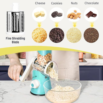 X Home Rotary Cheese Grater for Kitchen, Shredder with 3 Interchangeable Blades, Rotary Grater with Handle and Strong Suction Base, for Vegetables, Fruit, Nuts, Easy to Use and Clean, Blue - Image 5