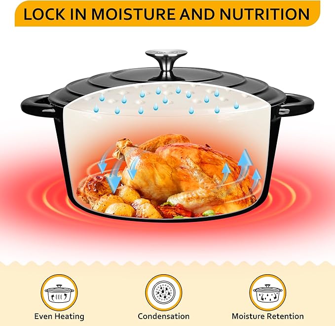 Velaze 7.5 QT Dutch Oven Pot with Lid, Enameled Cast Iron Dutch Oven with Dual Handles for Sourdough Bread Baking, Cooking, Non-stick Enamel Coated Cookware (Black) - Image 3