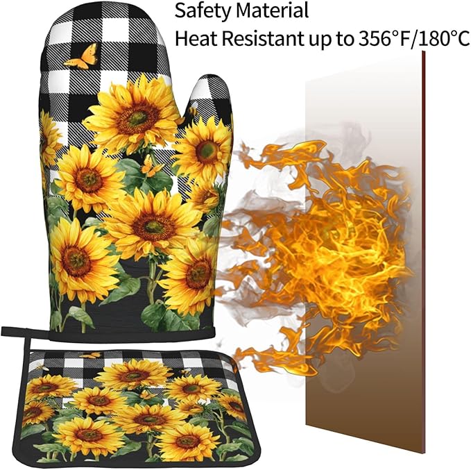 Sunflower Oven Mitts and Pot Holders Sets of 2 Buffalo Plaid Kitchen Mitts Farmhouse Hot Pads for Cooking Baking Grilling - Image 5
