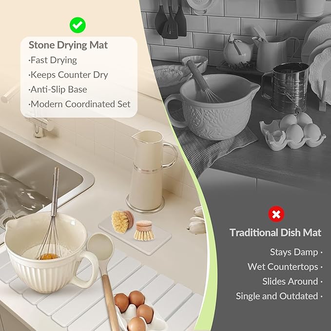 Large Stone Dish Drying Mat for Kitchen Counter, 24"x16"&8"x4", Foldable Fast-Drying Diatomaceous Earth Dish Mat, 2PCS Eco-Friendly Water Absorbent Pads Set for Kitchen Bathroom, White