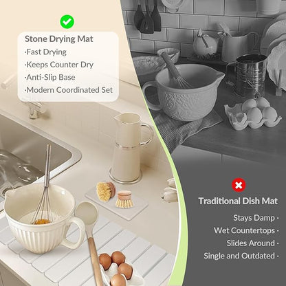 Large Stone Dish Drying Mat for Kitchen Counter, 24"x16"&8"x4", Foldable Fast-Drying Diatomaceous Earth Dish Mat, 2PCS Eco-Friendly Water Absorbent Pads Set for Kitchen Bathroom, White
