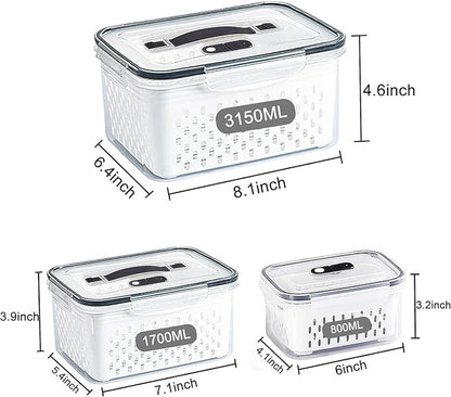 Fruit Storage Containers for Fridge with vent holes and handle，Airtight Food Storage Containers Keep Fruits, Vegetables, Berry, Meat Fresh longer,BPA-free Fridge Storage Container with Lid (3 Pack)