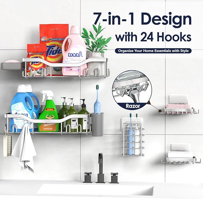 NESOMI Shower Caddy Adhesive Shower Organizer 7-Pack, Rustproof Stainless Steel Bathroom Shelves, Large Capacity No-Drill Rack Storage Accessories with Soap Dish Toothbrush Holder Hooks - Image 4