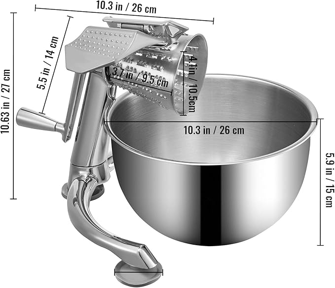 VEVOR Rotary Cheese Grater, Zinc Alloy Rotary Vegetable Mandoline, Manual Cheese Mandoline w/ 5 Stainless Steel Cutting Cones, Manual Vegetable Grater w/ 2.5L Bowl, Rotary Shredder w/Suction Base - Image 8
