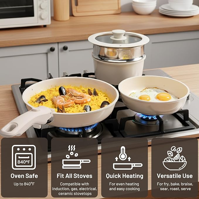 KIKCOIN Nonstick Pots and Pans Set - Ceramic Cookware Set with Detachable Handle - 25 Pack Healthy Pans Set for Cooking - Stackable for RV Kitchen, Induction Ready - Dishwasher and Oven Safe - Image 6