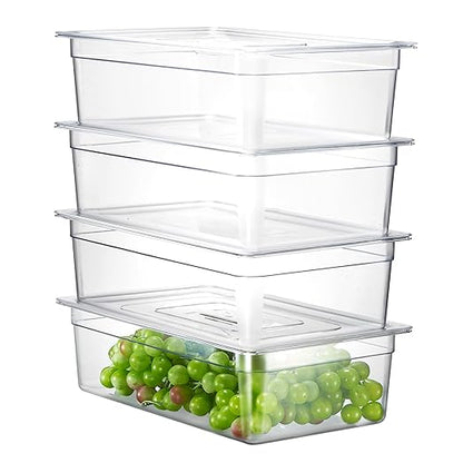 CURTA 4-Pack Full Size 6" Deep NSF Polycarbonate Food Pans with Handled Lids & Drain Trays | Dishwasher & Freezer Safe Clear Container for Prep Tables, Buffet, Salad Bar, Commercial & Home Kitchen