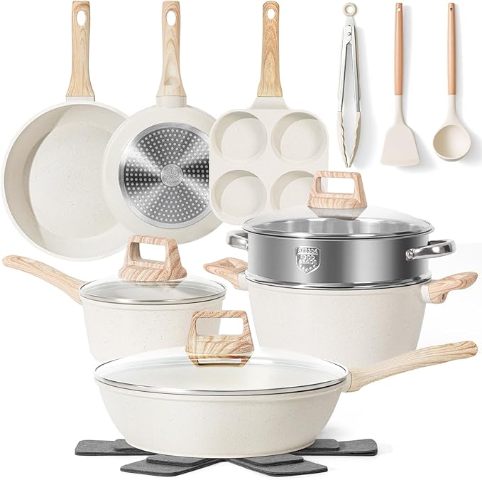 17 Pcs Pots and Pans Set Non stick，Cookware Sets White Granite Induction Cookware, Non-toxic Healthy Non Stick Kitchen Cooking Set with Frying Pans Set, Saucepans (PFAS, PFOA, PFOS Free) White by SODAY