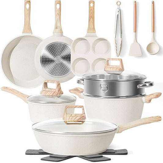 17 Pcs Pots and Pans Set Non stick，Cookware Sets White Granite Induction Cookware, Non-toxic Healthy Non Stick Kitchen Cooking Set with Frying Pans Set, Saucepans (PFAS, PFOA, PFOS Free) White by SODAY