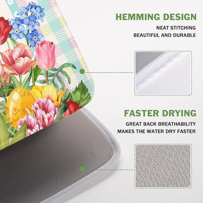 Easter Bunny Dish Drying Mat for Kitchen Counter Happy Easter Rabbit Floral Colorful Buffalo Plaid Microfiber Dish Drainer Mat Absorbent Washable Drying Pad 16"x18"