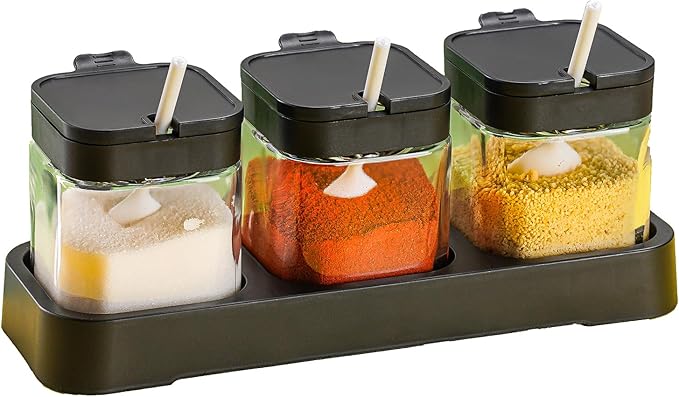 Condiment Jar Spice Container with Lids and Spoons, Kitchen Spice Pot Set of 3, 11oz Clear Glass Condiment Pot with Tray, Kitchen Salt Pepper Sugar Storage Container Jar (black, 300ml)