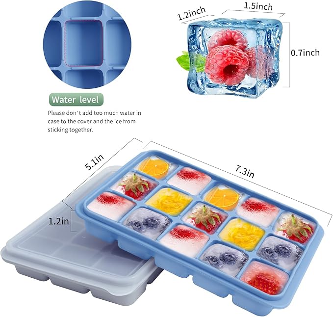 Ice Cube Trays Set of 2, Easy Release 15 Flexible Silicone Ice Cube Molds with Removable Lid Reusable Freezer Ice Trays Stackable for Whiskey, Baby Food, BPA Free (BLUE+GRAY) - Image 3