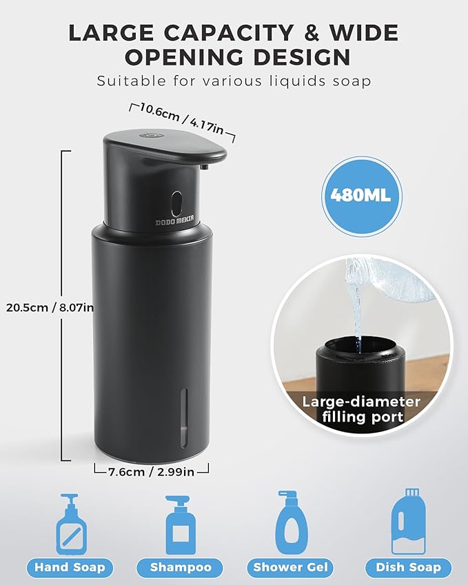 Automatic Liquid Soap Dispenser Touchless, 304 Stainless Steel Bottle Body &16.2oz/480ml Rechargeable, 3 Adjustable Liquid Levels, IPX7 Waterproof, for Kitchen Bathroom, Black - Image 2