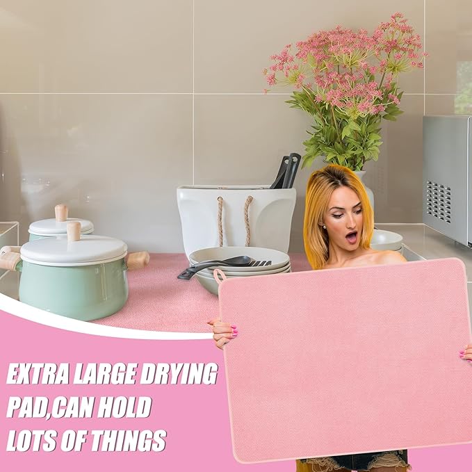 Hushee 2 Pack Extra Large Dish Drying Mat Microfiber Absorbent Dish Drying Pad Large Size Dishes Drainer Mats for Countertop, Sink, Refrigerator or Dryer (30 x 24 Inch,Pink) - Image 5