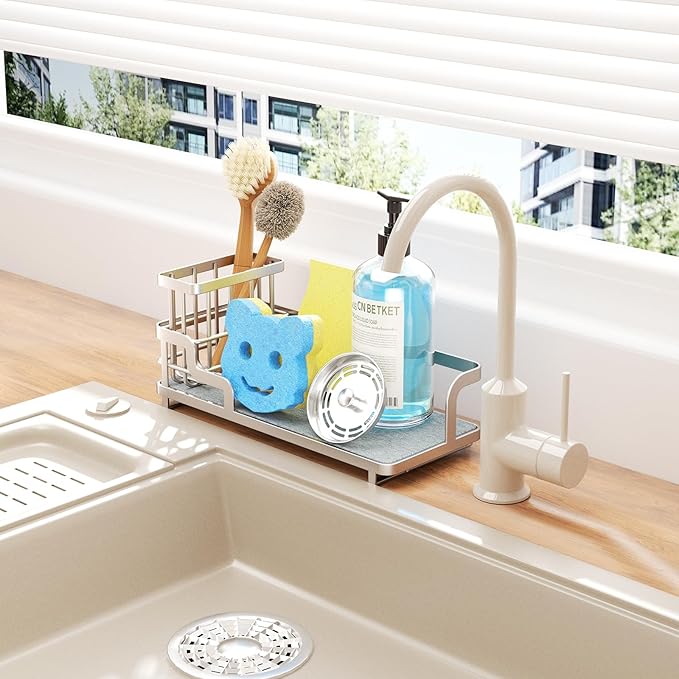 Consumest Sponge Holder for Kitchen Sink - Sink Caddy Organizer with Water Absorbing Stone Tray, Detachable Brush Holder, Stainless Steel Kitchen Counter Organizer Rack, Sand Nickel - Image 6