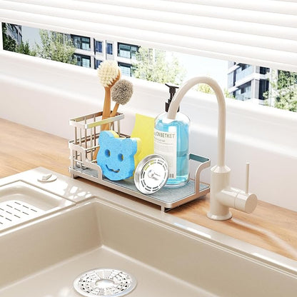 Consumest Sponge Holder for Kitchen Sink - Sink Caddy Organizer with Water Absorbing Stone Tray, Detachable Brush Holder, Stainless Steel Kitchen Counter Organizer Rack, Sand Nickel - Image 6