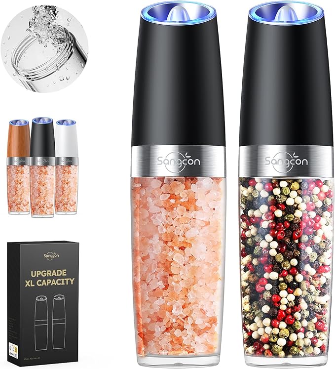 Sangcon Gravity Electric Salt and Pepper Grinder Set Shakers UPGRADED 9OZ XL CAPACITY Battery Powered Refillable Automatic One Hand Operation Adjustable Coarseness Mill Grinder Set for Kitchen by Sangcon