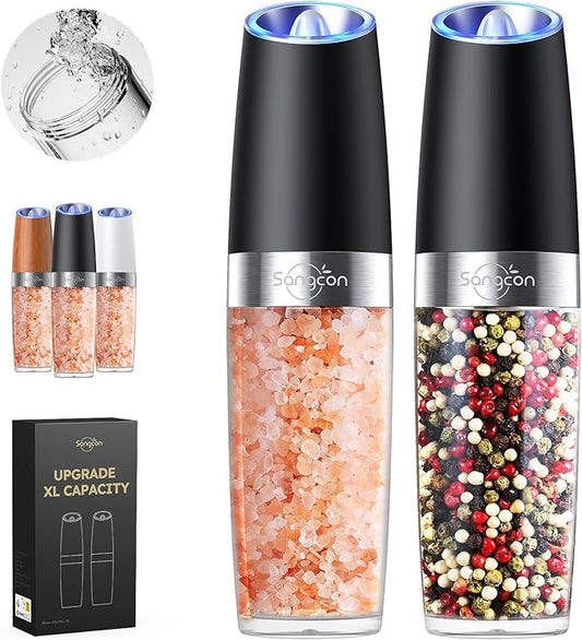 Sangcon Gravity Electric Salt and Pepper Grinder Set Shakers UPGRADED 9OZ XL CAPACITY Battery Powered Refillable Automatic One Hand Operation Adjustable Coarseness Mill Grinder Set for Kitchen by Sangcon