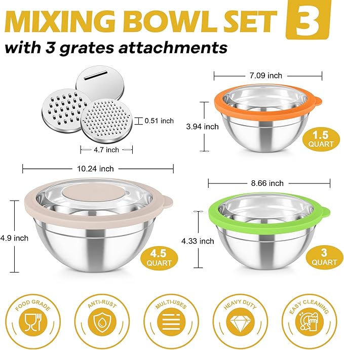 TeamFar Mixing Bowls, 3PCS Stainless Steel Serving Salad Bowls with Lids & 3 Graters, For Kitchen Mixing/Baking/Storing/Prepping, Visible & Airtight, Easy Clean - 4.5/3 / 1.5 QT, Multi-color - Image 2