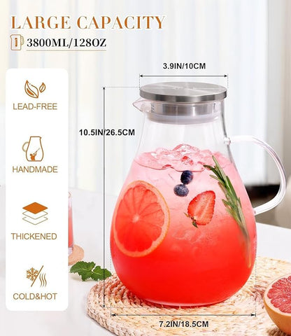 LUNA & MANTHA 1 Gallon Glass Pitcher with Lid, 128oz Glass Water Pitcher with Handle for Fridge, Borosilicate Large Water Jug, Iced Tea, Coffee and Sangria Hot/Cold Beverage (Extra-Wide Mouth) - Image 3