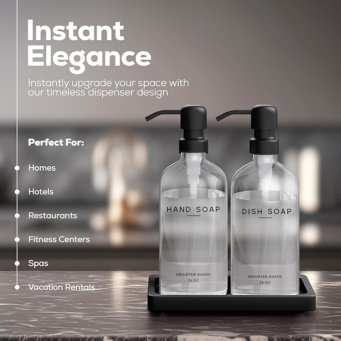 Glass Hand and Dish Soap Dispenser Set by Brighter Barns - Kitchen Soap Dispenser Set with Tray, Stainless Steel Pump - Glass Bottles for Sink - Black Kitchen Accessories for Home, Hotel, Gift (Clear) - Image 2