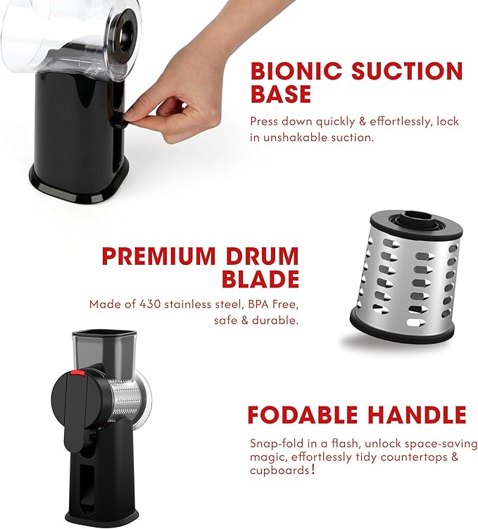 Rotary Cheese Grater Hand Crank with Foldable Handle, 3 Stainless Steel Blades, Perfect Graters for Kitchen, Manual Cheese Shredder Hand Crank with Suction Base, Rotary Grader, (Black) - Image 3