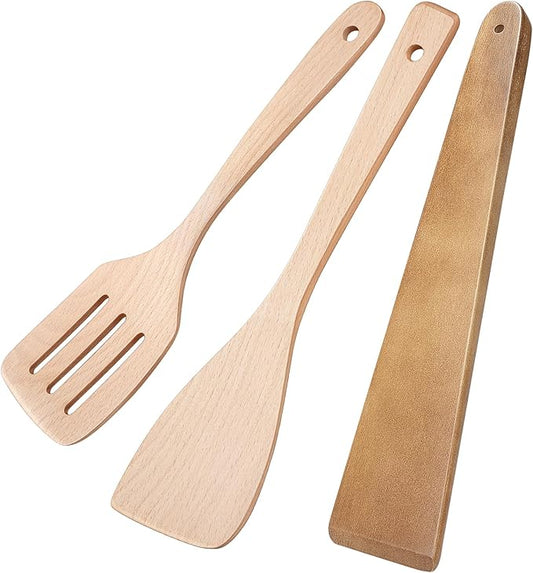 3Pcs Wooden Spatulas, 12inch Long Handle Slotted Turner Spatula Set, Uncoated Beech Wood Cooking Spoons for Non-Stick Cookware, Kitchen Utensils Set for Frying, Flipping, Scraping and Turning by Morgles