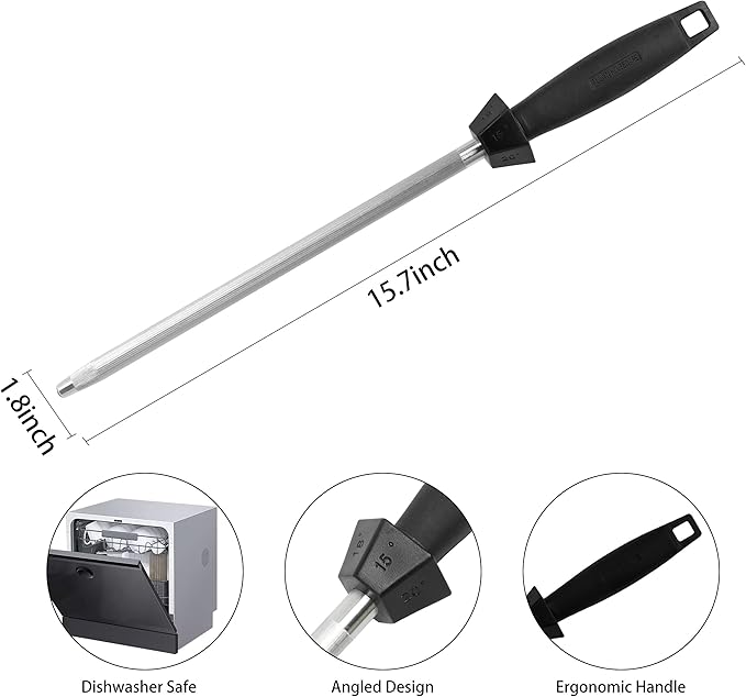 Knife Sharpener Knife Sharpening Rod Honing Steel with 15°-18°-20°Angle Guides Professional Carbon Steel with Black Rubber Grip for Kitchen Chef House Gift 10'' - Image 3