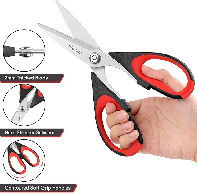 iBayam Kitchen Scissors All Purpose Heavy Duty 2 Pack with Protective Sheath, Stainless Steel Shears Kitchen Utensils Set for Cutting Food Cooking Meat Poultry Dishwasher Safe Soft Comfort-Grip - Image 4