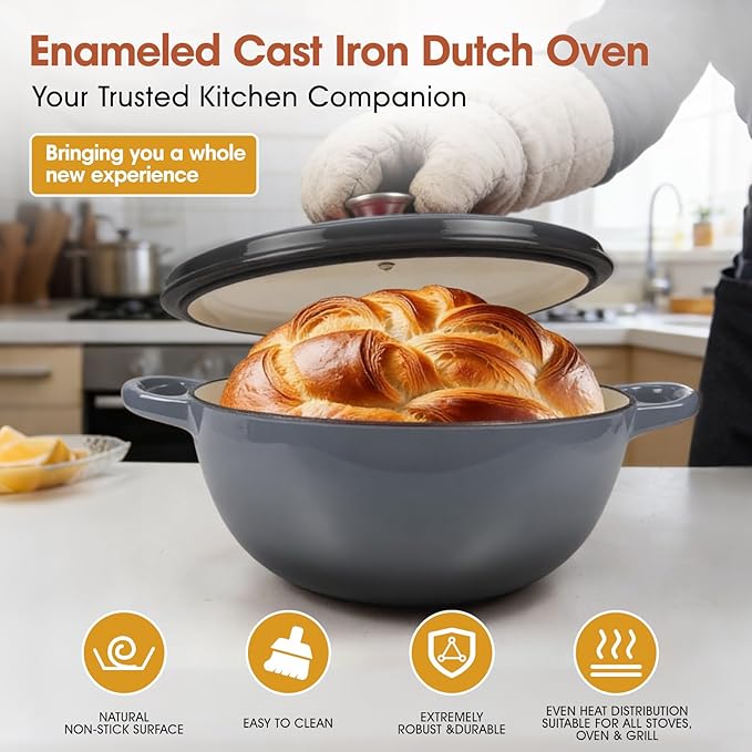 5QT Enameled Cast Iron Dutch Oven for Bread & Multi-Cooking – Complete Sourdough Starter Kit with Lid ,Probe Thermometer, Proofing Basket, Silicone Sling & Gift Packaging Bags,Oven Safe up to 500°F(Gray)