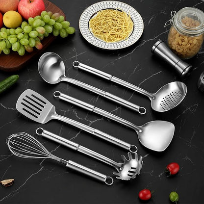 6-Piece Kitchen Cooking Utensils Set, Stainless Steel Kitchen Utensils with Suspendable Handle, Spatula, Slotted Turner, Soup Ladle, Slotted Spoon, Whisk, Pasta Server, Dishwasher Safe - Image 4