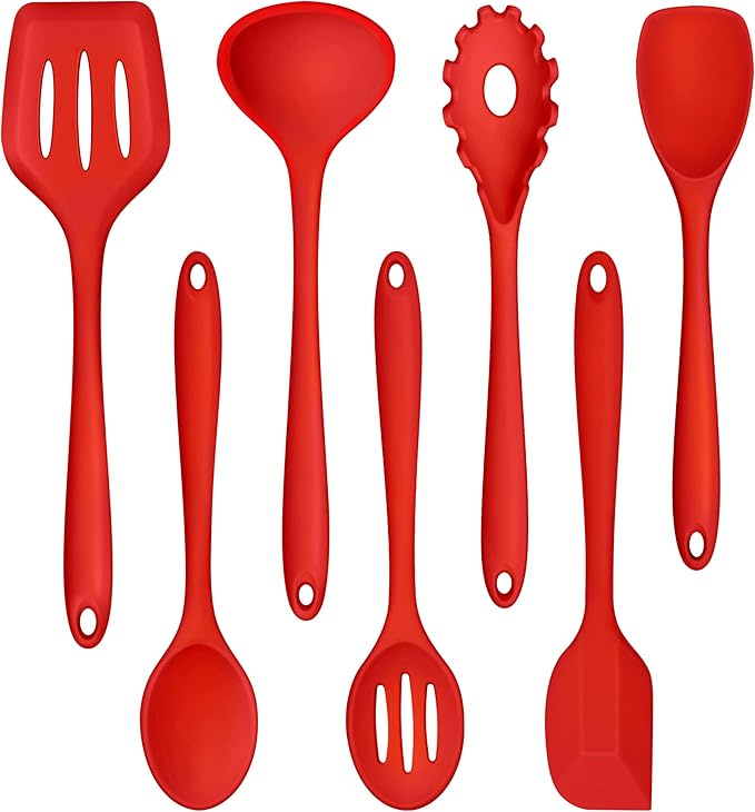 TeamFar Kitchen Utensils, 7 PCS Silicone Cooking Baking Utensil, Non-Stick Kitchen Gadgets with Ladle Spatula Spoon Turner Pasta Server, Non-Toxic & One Piece, Heat Resistant & Dishwasher Safe-Red by TeamFar