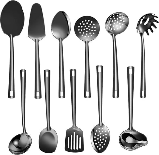 Lazycorner Cooking Utensil Set 11 Pcs Stainless Steel Kitchen Utensils Set Wok Utensils Kitchen Tool Set Spatula Set Heat Resistant Metal Kitchen Tools Ergonomic HandleEasy to Clean Dishwasher Safe
