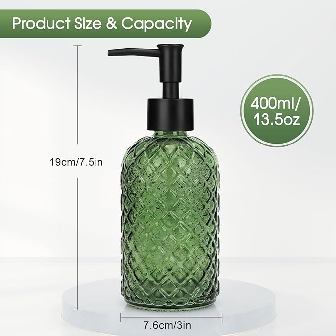 Topsky Gem Glass Soap Dispenser with Black Plastic Pump, 13oz Liquid Hand Soap Dispenser, Rustproof Pump for Kitchen & Bathroom, Great for Lotions, Essential Oil, Liquid Soaps-Army Green - Image 5