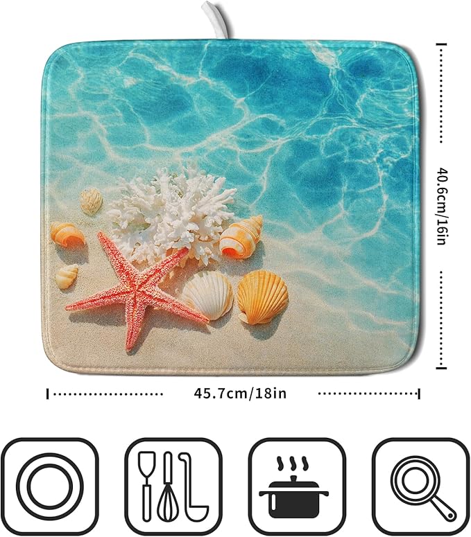 Giwawa Coastal Starfish Dish Drying Mat 16"x18" Ocean Blue Sea Coral Seashell Dish Drainer Mats Nautical Beach Themed Decorative Reversible Dish Drying Pad for Kitchen Countertop Dining Room