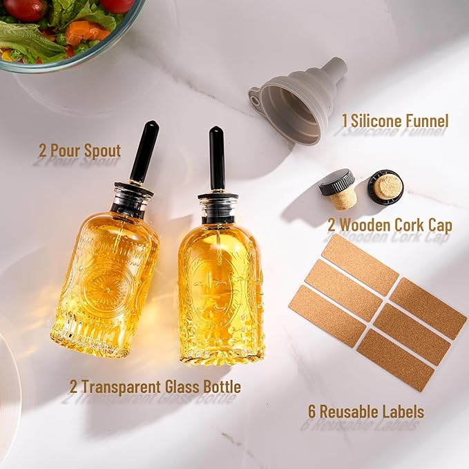 Baalaka Olive Oil Dispenser Bottle for Kitchen with Metal Spout, Glass Oil Bottles 7OZ, Elegant Glass Cooking Dispenser for Kitchen Juice Mouthwash Honey Syrup Coffee Syrup-2pcs - Image 6