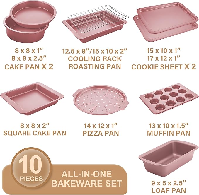 HONGBAKE Bakeware Sets, Baking Pans Set, Nonstick Oven Pan for Kitchen with Wider Grips, 10-Piece Including Rack, Cookie Sheet, Cake Pans, Loaf Pan, Muffin Pan, Pizza Pan - Pink - Image 3