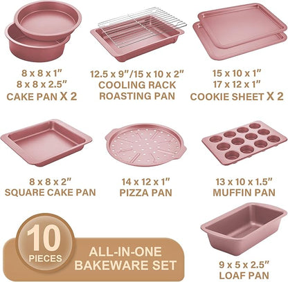 HONGBAKE Bakeware Sets, Baking Pans Set, Nonstick Oven Pan for Kitchen with Wider Grips, 10-Piece Including Rack, Cookie Sheet, Cake Pans, Loaf Pan, Muffin Pan, Pizza Pan - Pink - Image 3