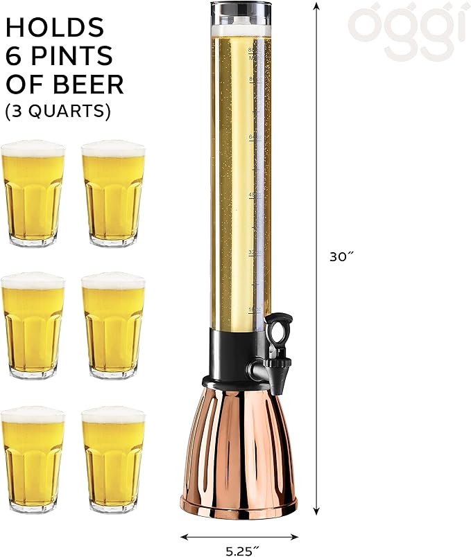 OGGI Beer Tower 3L/100oz - Beverage Dispenser with Spigot & Ice Tube, Margarita Tower, Mimosa Tower, Perfect Drink Dispensers for Parties, Drink Tower, Holds 6 Pints of Beer - Copper - Image 3