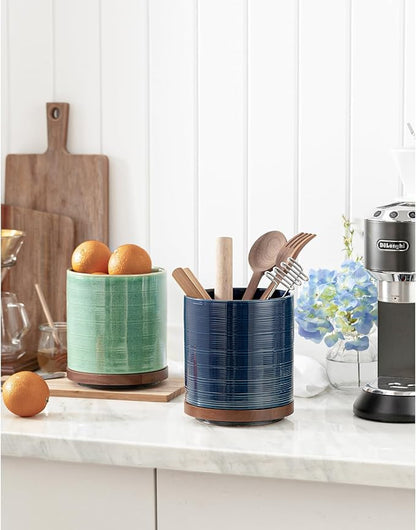Utensil Holder, 360° Rotating Extra Large Ceramic Kitchen Utensil Holder for Countertop, 7.3“ Cooking Utensil Crocks for Kitchen Counter with Rotatable Wooden Base, Farmhouse Decor, Dark Blue - Image 8