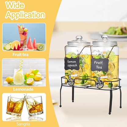 1 Gallon Glass Drink Dispenser Set of 2, Drink Dispensers for Parties, Beverage Dispenser with Stand, Glass Lid, 100% Leakproof Spigot, Ideal for Lemonade, Juice, Iced Tea, Laundry Detergent Dispenser