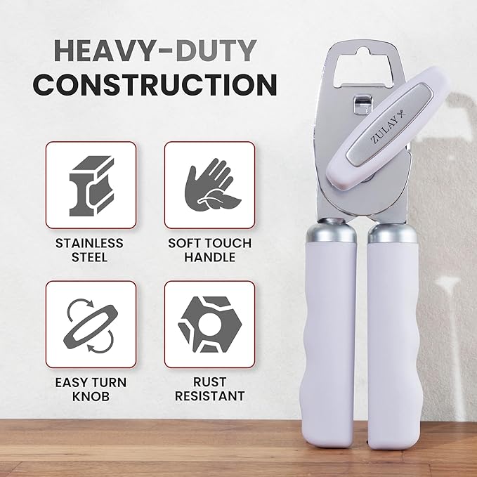 Zulay Kitchen Heavy Duty Stainless Steel Can Opener Manual with Bottle Opener - Rust Proof Manual Can Opener With Turn Knob & Comfy Soft Grip Handles - Light Lilac - Image 3