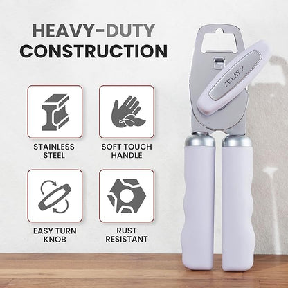 Zulay Kitchen Heavy Duty Stainless Steel Can Opener Manual with Bottle Opener - Rust Proof Manual Can Opener With Turn Knob & Comfy Soft Grip Handles - Light Lilac - Image 3