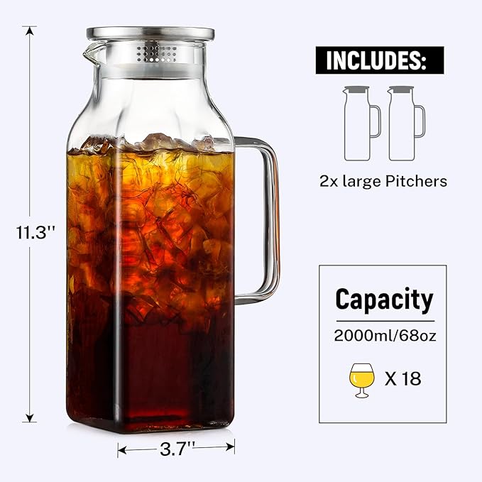 Netany 4 Pack 2 Liters/68 oz Square Glass Pitcher with Lid and Handle for Fridge, Iced Tea and Coffee Carafe Beverage Serveware, Heat Resistant Borosilicate Water Jug for Hot/Cold Drinks and Milk - Image 2