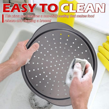 Pizza Pan for Oven - 13" Round Pizza Pans with Holes(2 Pack), Non-stick Carbon Steel Pizza Trays with Handle, Easy to Clean & Oven Safe