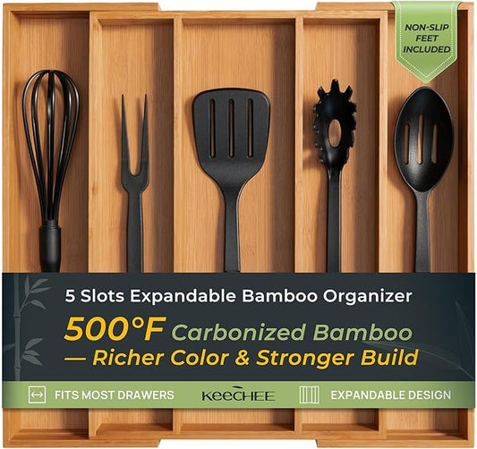 Carbonized Bamboo Kitchen Drawer Organizer, 5 Slots Expandable Silverware Organizer, Utensil Holder & Cutlery Tray, 2.2" Deep for Extra Capacity, Non-Slip Feet Included.