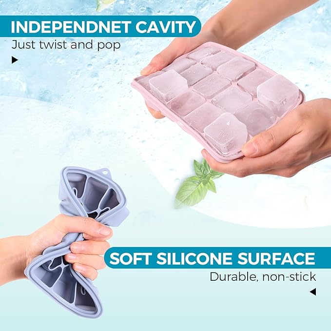Silicone Ice Cube Trays with Lids 3-Pack, 15-Cavity Ice Tray Set for Freezer, Easy-Release BPA-free Ice Cube Mold for Whiskey, Coffee, Cocktails and More (3, Green+Blue+Pink) - Image 2