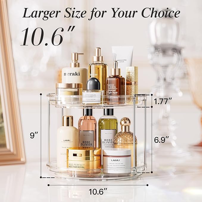 LAMU 2 Pack 2 Tier Lazy Susan Turntable Organizer 10.6'' Rotating Spice Rack Organization for Cabinet, Kitchen, Pantry, Countertop, Bathroom, Vanity, Medicine Cabinet Organizer, Clear - Image 2