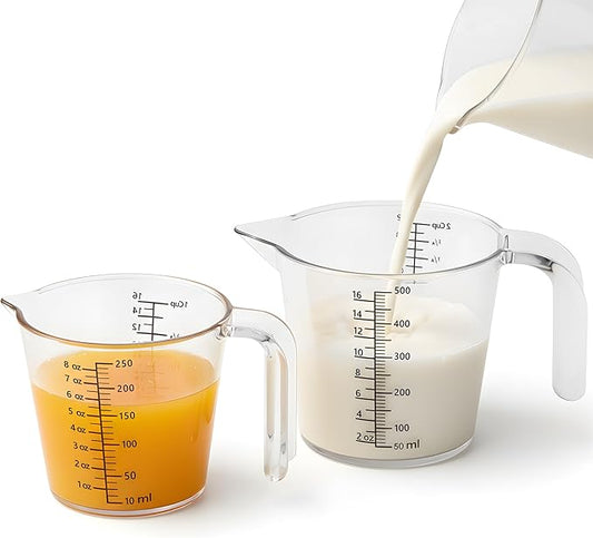 Laser-Etched Measuring Cup Set, 8 oz & 16 oz Clear Plastic Liquid Measuring Cups, Permanent oz/cup/Tbsp/mL Markings, Food-Grade for Baking & Cooking
